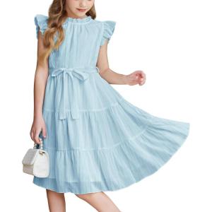 Arshiner Tween Girls Summer Dress Formal Ruffle Sleeve A Line Casual Elegant Dresses with Belt(Light Blue)