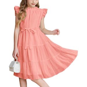 Arshiner Tween Girls Summer Dress Formal Ruffle Sleeve A Line Casual Elegant Dresses with Belt(Orange Pink)
