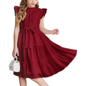 Arshiner Tween Girls Summer Dress Formal Ruffle Sleeve A Line Casual Elegant Dresses with Belt(Red)