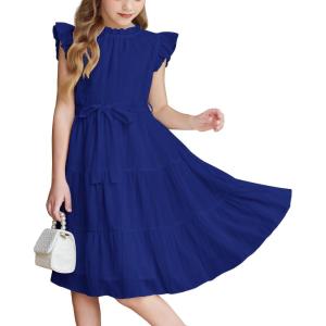 Arshiner Tween Girls Summer Dress Formal Ruffle Sleeve A Line Casual Elegant Dresses with Belt(Royal Blue)