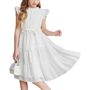 Arshiner Tween Girls Summer Dress Formal Ruffle Sleeve A Line Casual Elegant Dresses with Belt(White)
