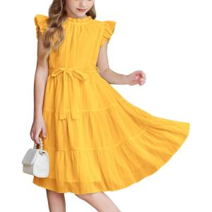 Arshiner Tween Girls Summer Dress Formal Ruffle Sleeve A Line Casual Elegant Dresses with Belt(Yellow)