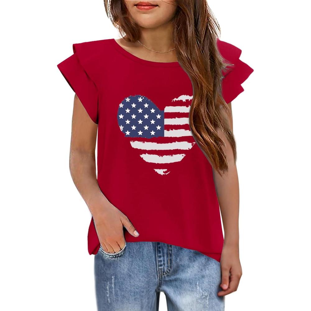 imageArshiner 4th of July Shirt for Girl Patriotic American Flag Ruffle Short Sleeves Shirts Tops Tee BlouseUsa Flag Heart