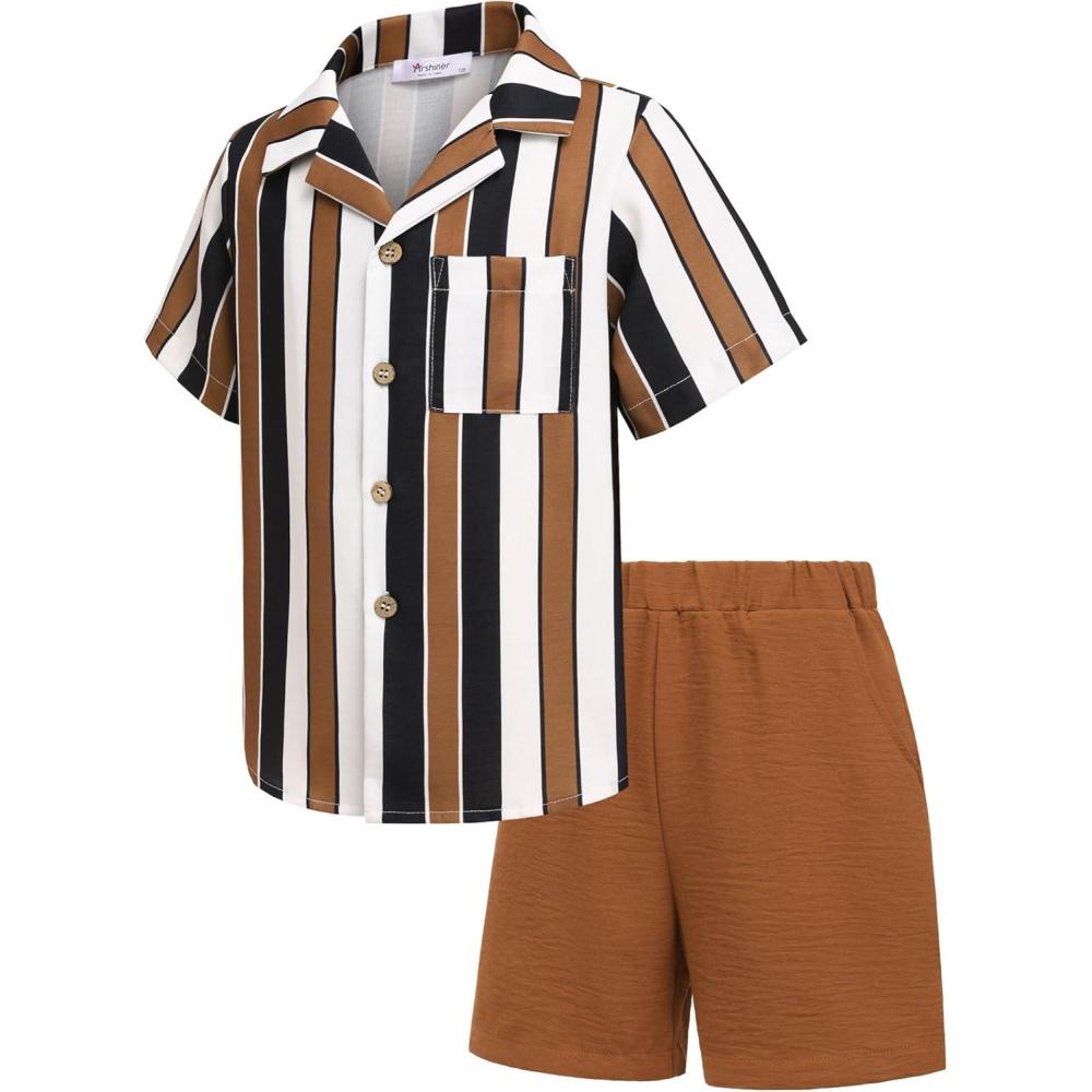 imageArshiner Boys 2 Pieces Summer Beach Outfits Short Sleeve Button Down Shirts and Shorts Vacation Texture Sets for KidsBrown Stripe