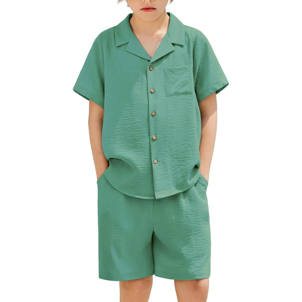 imageArshiner Boys 2 Pieces Summer Beach Outfits Short Sleeve Button Down Shirts and Shorts Vacation Texture Sets for KidsGraygreen