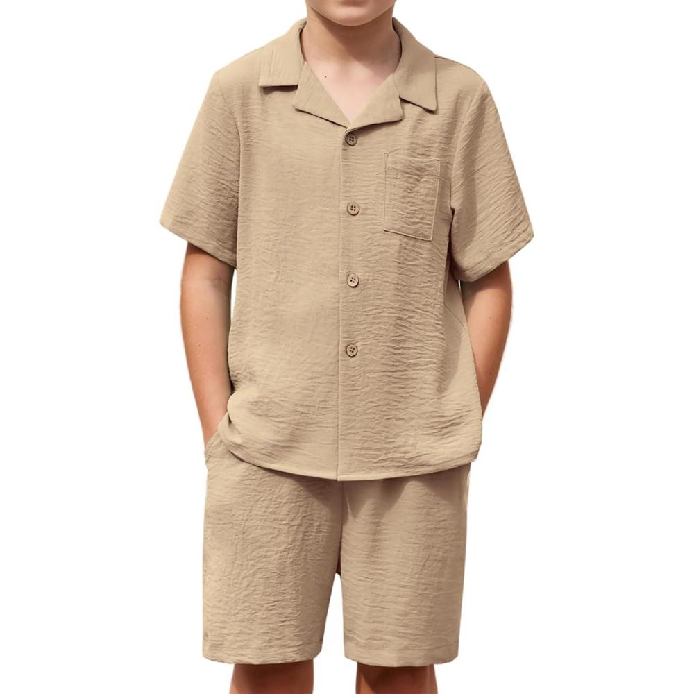 imageArshiner Boys 2 Pieces Summer Beach Outfits Short Sleeve Button Down Shirts and Shorts Vacation Texture Sets for KidsKhaki
