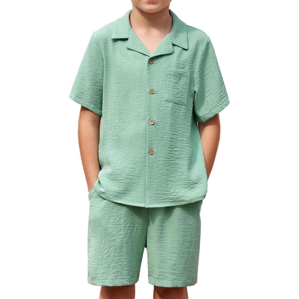 imageArshiner Boys 2 Pieces Summer Beach Outfits Short Sleeve Button Down Shirts and Shorts Vacation Texture Sets for KidsLight Green