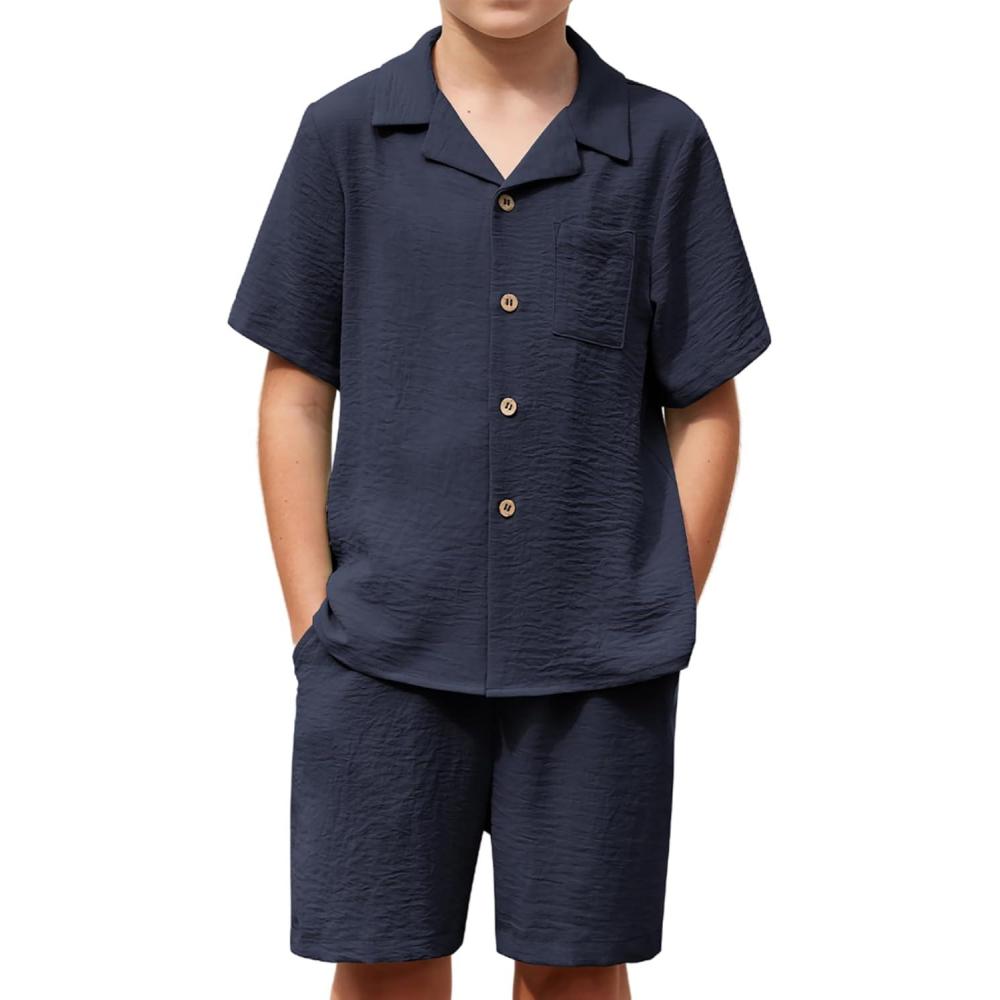 imageArshiner Boys 2 Pieces Summer Beach Outfits Short Sleeve Button Down Shirts and Shorts Vacation Texture Sets for KidsNavy Blue