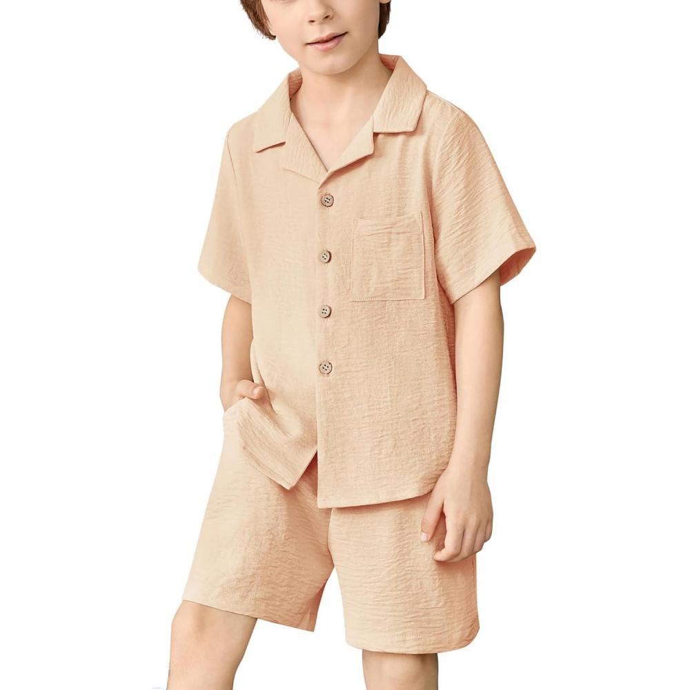 imageArshiner Boys 2 Pieces Summer Beach Outfits Short Sleeve Button Down Shirts and Shorts Vacation Texture Sets for KidsSkin Tone