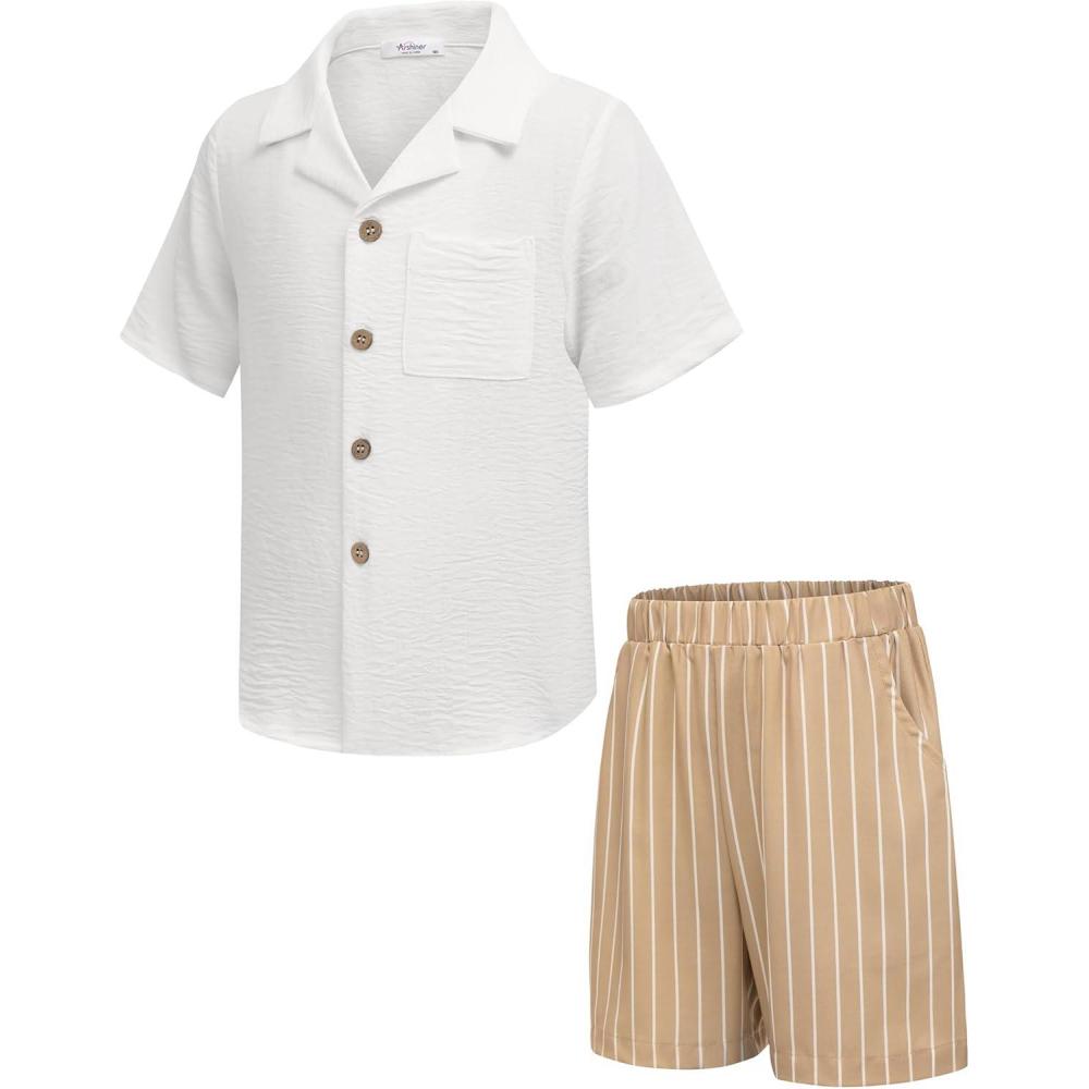 imageArshiner Boys 2 Pieces Summer Beach Outfits Short Sleeve Button Down Shirts and Shorts Vacation Texture Sets for KidsWhite and Beige Stripe