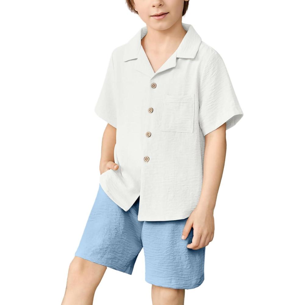 imageArshiner Boys 2 Pieces Summer Beach Outfits Short Sleeve Button Down Shirts and Shorts Vacation Texture Sets for KidsWhite and Light Blue