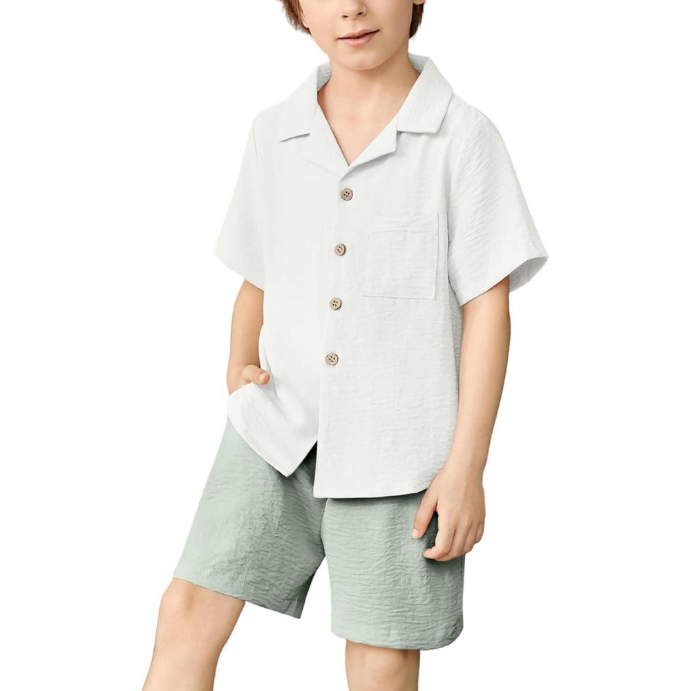imageArshiner Boys 2 Pieces Summer Beach Outfits Short Sleeve Button Down Shirts and Shorts Vacation Texture Sets for KidsWhite and Mint Green