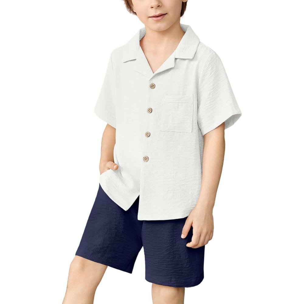 imageArshiner Boys 2 Pieces Summer Beach Outfits Short Sleeve Button Down Shirts and Shorts Vacation Texture Sets for KidsWhite and Navy