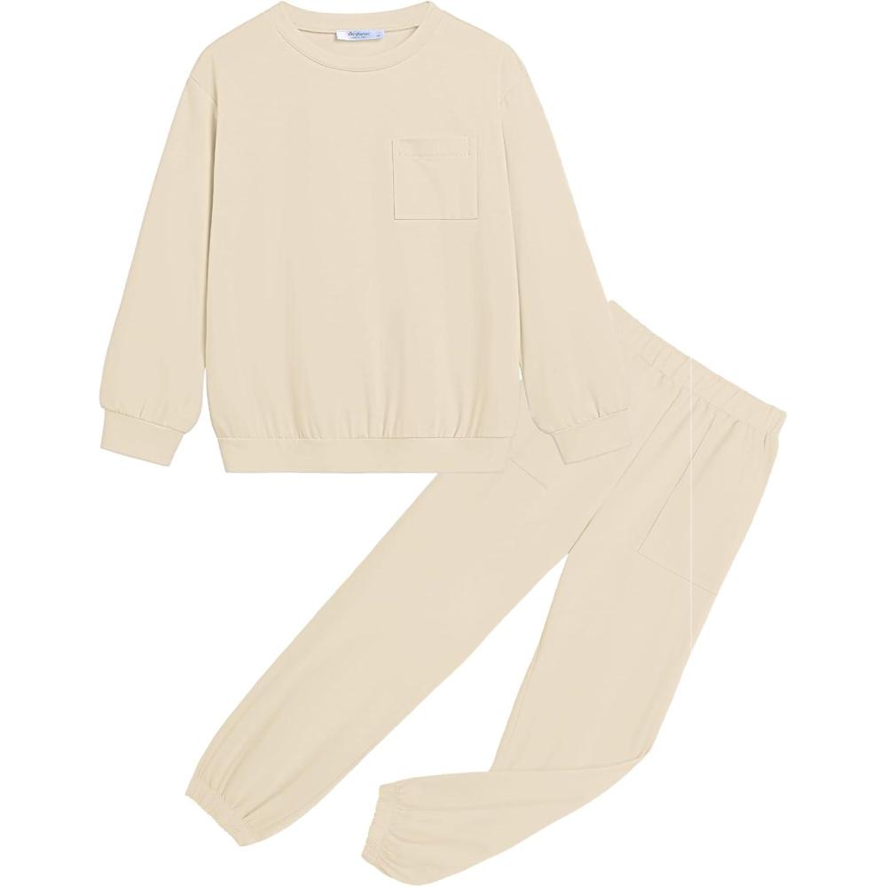 imageArshiner Girls 2 Piece Outfits Casual Clothing Sets Long Sleeve Pullover Sweatshirts and Sweatpants with Pockets 513 YearsBeige