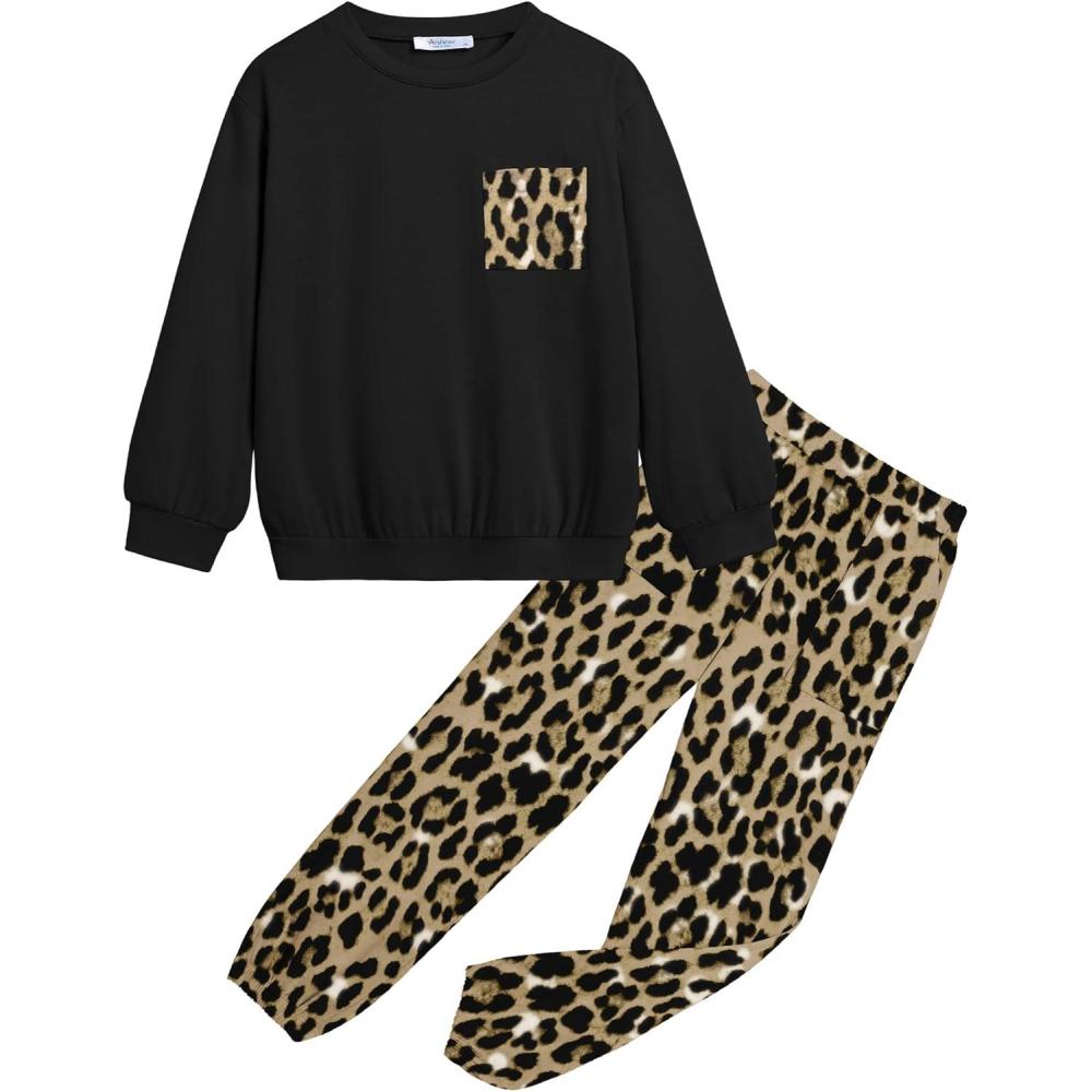 imageArshiner Girls 2 Piece Outfits Casual Clothing Sets Long Sleeve Pullover Sweatshirts and Sweatpants with Pockets 513 YearsBlackleopard