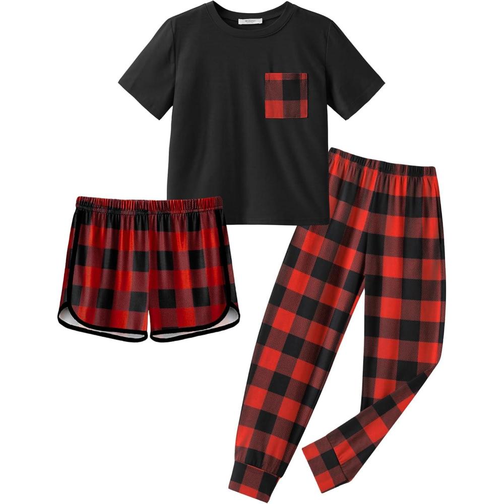 imageArshiner Girls Clothes 3 Piece Outfits Short Sleeve Shirt Dolphin Shorts and Pant Sets Fashion Clothing with PocketsBlack Red Plaid