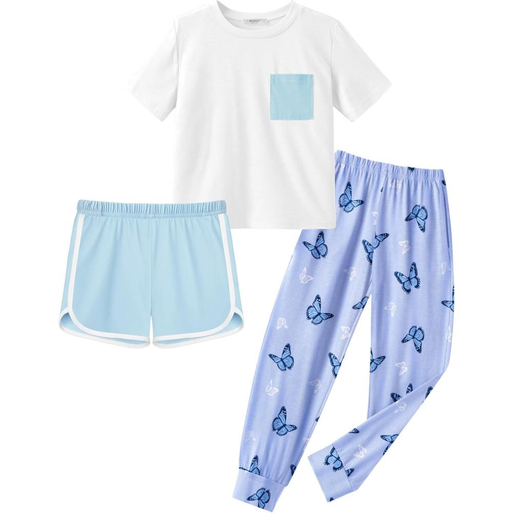 imageArshiner Girls Clothes 3 Piece Outfits Short Sleeve Shirt Dolphin Shorts and Pant Sets Fashion Clothing with PocketsBlue Whitebutterfly