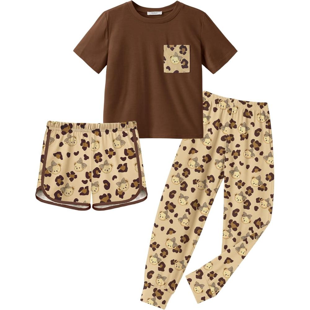 imageArshiner Girls Clothes 3 Piece Outfits Short Sleeve Shirt Dolphin Shorts and Pant Sets Fashion Clothing with PocketsDark Brown