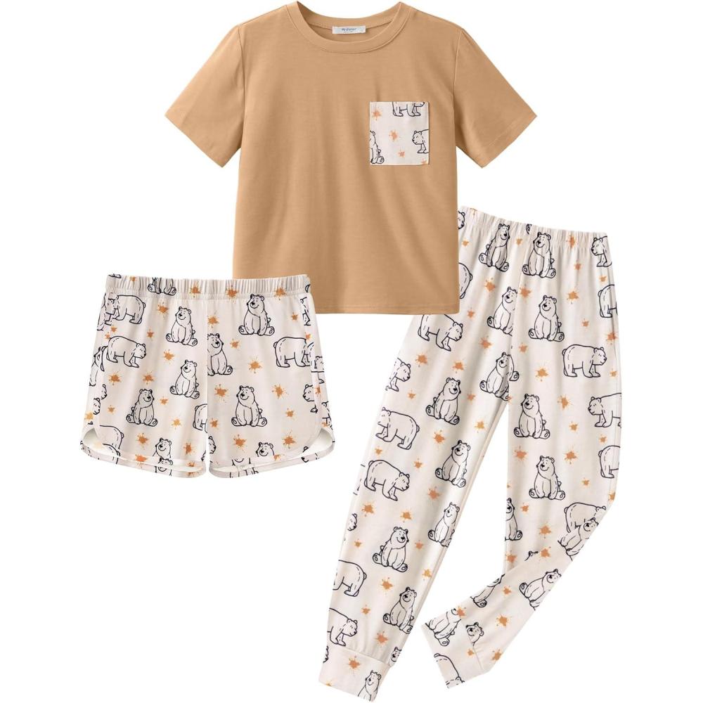 imageArshiner Girls Clothes 3 Piece Outfits Short Sleeve Shirt Dolphin Shorts and Pant Sets Fashion Clothing with PocketsLight Brown