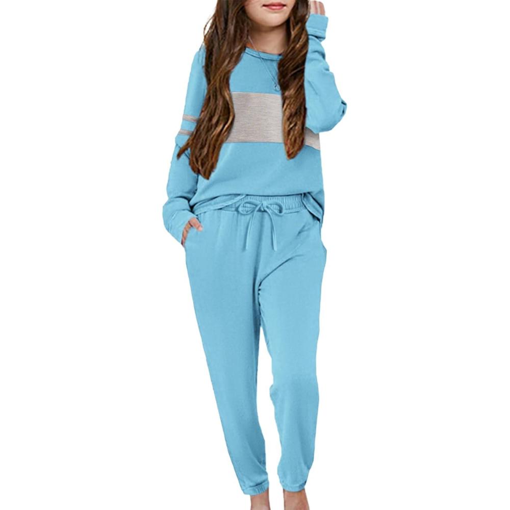imageArshiner Girls Clothing Sets Sweatsuits Long Sleeve Color Block Pullover Sweatshirts and Lounge Pants with PocketBlue