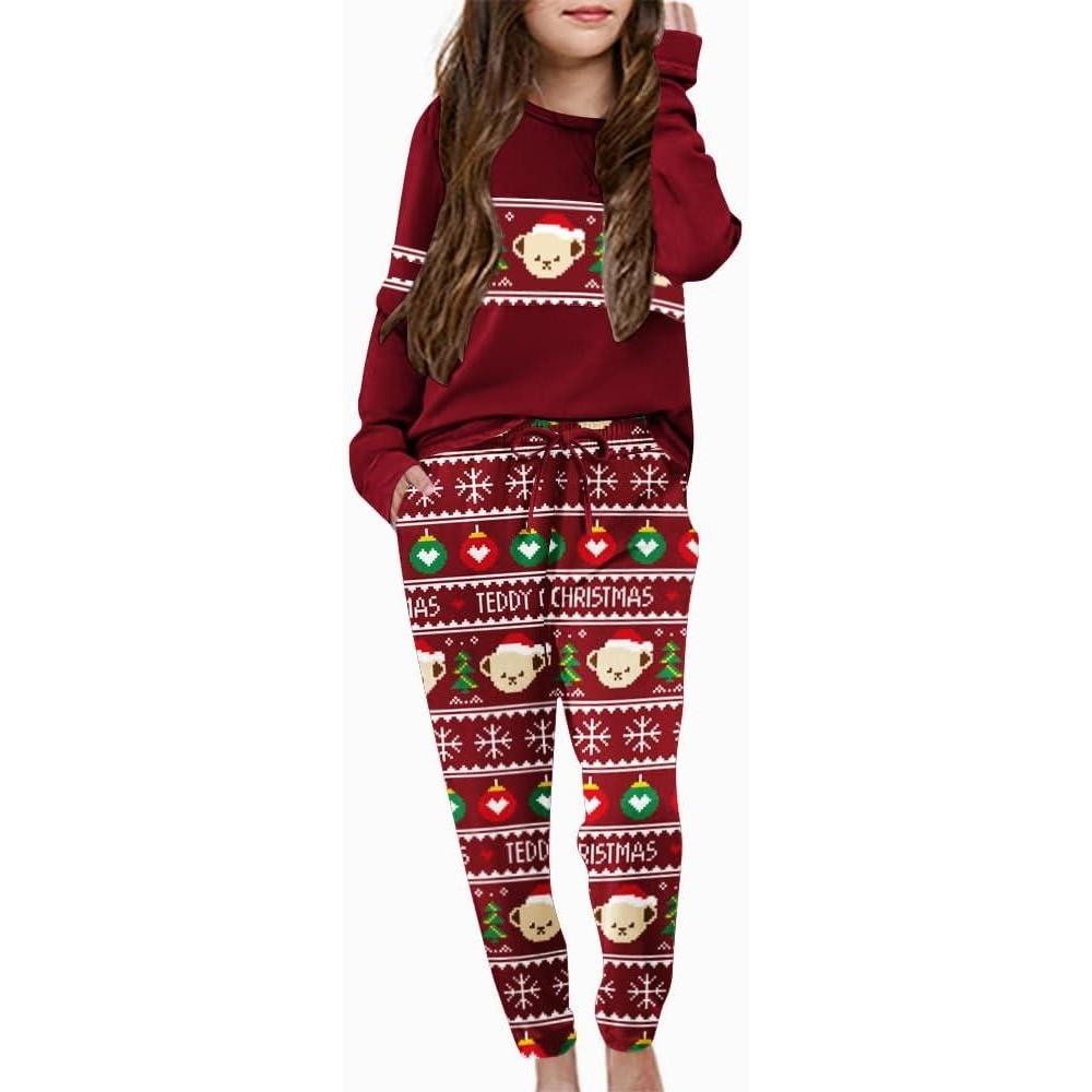 imageArshiner Girls Clothing Sets Sweatsuits Long Sleeve Color Block Pullover Sweatshirts and Lounge Pants with PocketChristmas Teddy