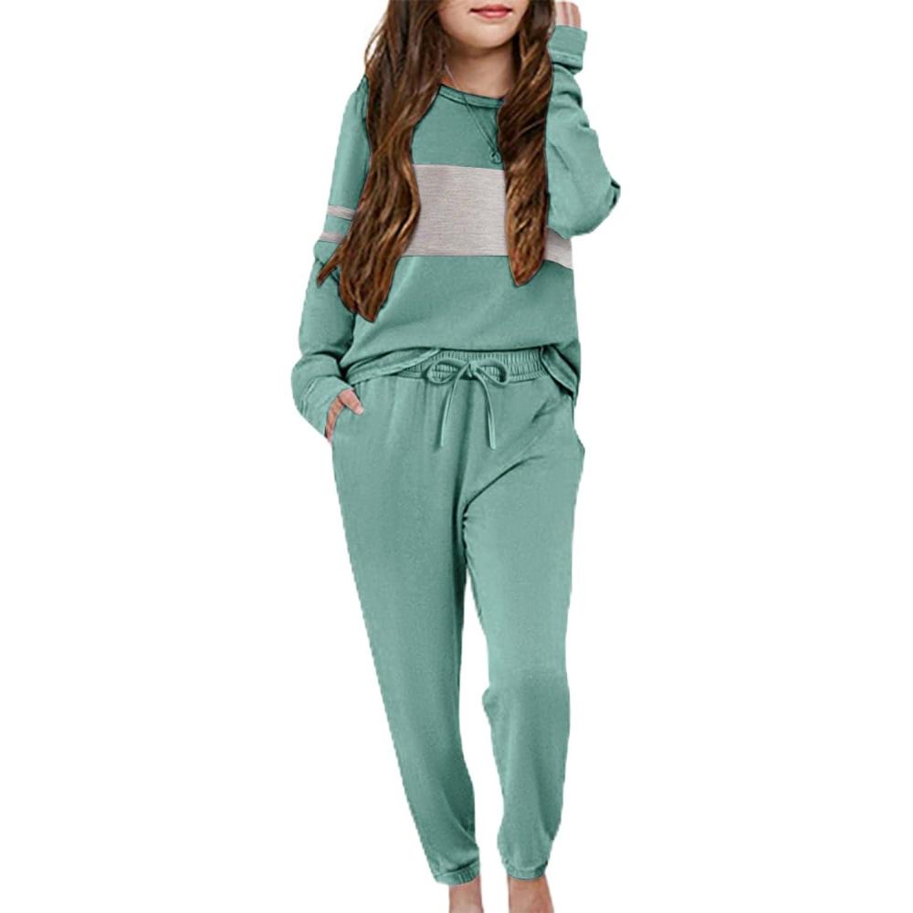 imageArshiner Girls Clothing Sets Sweatsuits Long Sleeve Color Block Pullover Sweatshirts and Lounge Pants with PocketPea Green