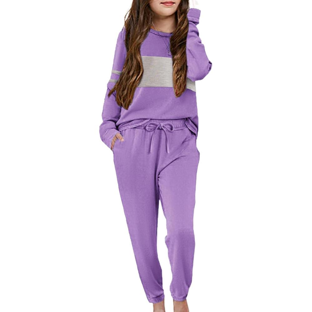 imageArshiner Girls Clothing Sets Sweatsuits Long Sleeve Color Block Pullover Sweatshirts and Lounge Pants with PocketPurple