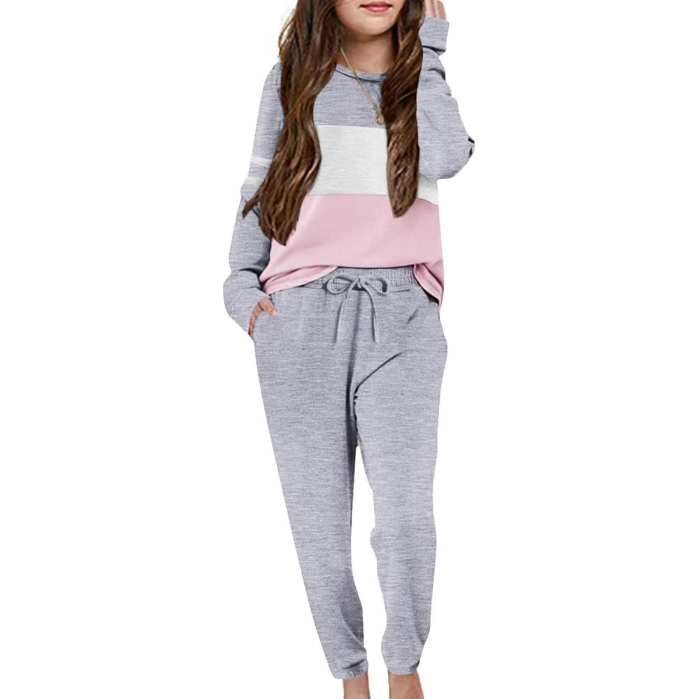 imageArshiner Girls Clothing Sets Sweatsuits Long Sleeve Color Block Pullover Sweatshirts and Lounge Pants with PocketWhite Pink Grey