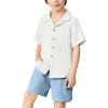 Arshiner Boys 2 Pieces Summer Beach Outfits Short Sleeve Button Down Shirts and Shorts Vacation Texture Sets for Kids(White and Light Blue)
