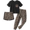 Arshiner Girls Clothes 3 Piece Outfits Short Sleeve Shirt Dolphin Shorts and Pant Sets Fashion Clothing with Pockets(Black Leopard)