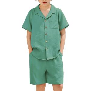 Arshiner Boys 2 Pieces Summer Beach Outfits Short Sleeve Button Down Shirts and Shorts Vacation Texture Sets for Kids(Gray-green)