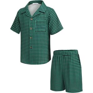 Arshiner Boys 2 Pieces Summer Beach Outfits Short Sleeve Button Down Shirts and Shorts Vacation Texture Sets for Kids(Green Gingham)