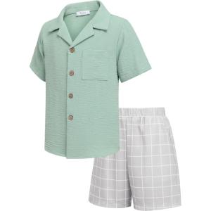 Arshiner Boys 2 Pieces Summer Beach Outfits Short Sleeve Button Down Shirts and Shorts Vacation Texture Sets for Kids(Green and Grey Plaid)