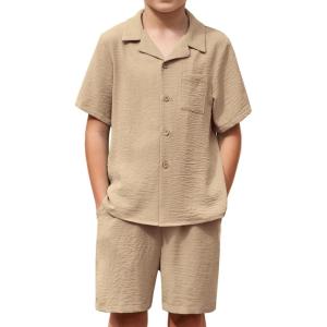 Arshiner Boys 2 Pieces Summer Beach Outfits Short Sleeve Button Down Shirts and Shorts Vacation Texture Sets for Kids(Khaki)