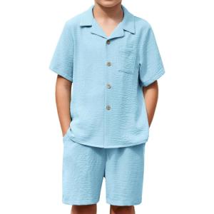 Arshiner Boys 2 Pieces Summer Beach Outfits Short Sleeve Button Down Shirts and Shorts Vacation Texture Sets for Kids(Light Blue)