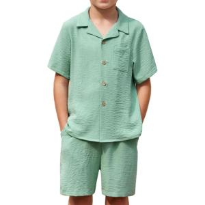 Arshiner Boys 2 Pieces Summer Beach Outfits Short Sleeve Button Down Shirts and Shorts Vacation Texture Sets for Kids(Light Green)