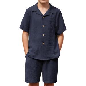 Arshiner Boys 2 Pieces Summer Beach Outfits Short Sleeve Button Down Shirts and Shorts Vacation Texture Sets for Kids(Navy Blue)