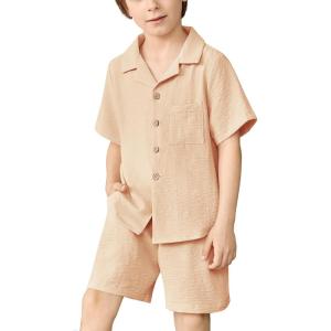 Arshiner Boys 2 Pieces Summer Beach Outfits Short Sleeve Button Down Shirts and Shorts Vacation Texture Sets for Kids(Skin Tone)