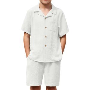 Arshiner Boys 2 Pieces Summer Beach Outfits Short Sleeve Button Down Shirts and Shorts Vacation Texture Sets for Kids(White)