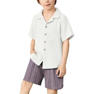 Arshiner Boys 2 Pieces Summer Beach Outfits Short Sleeve Button Down Shirts and Shorts Vacation Texture Sets for Kids(White and Grey Striped)