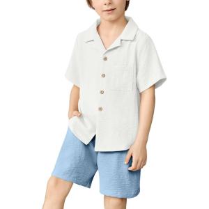 Arshiner Boys 2 Pieces Summer Beach Outfits Short Sleeve Button Down Shirts and Shorts Vacation Texture Sets for Kids(White and Light Blue)