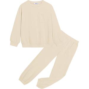 Arshiner Girls 2 Piece Outfits Casual Clothing Sets Long Sleeve Pullover Sweatshirts and Sweatpants with Pockets 5-13 Years(Beige)