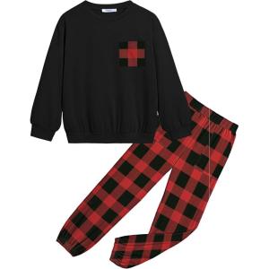 Arshiner Girls 2 Piece Outfits Casual Clothing Sets Long Sleeve Pullover Sweatshirts and Sweatpants with Pockets 5-13 Years(Black&red Checkered)