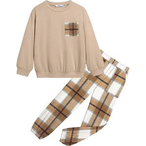 Arshiner Girls 2 Piece Outfits Casual Clothing Sets Long Sleeve Pullover Sweatshirts and Sweatpants with Pockets 5-13 Years(Brown&plaid)