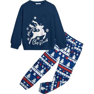 Arshiner Girls 2 Piece Outfits Casual Clothing Sets Long Sleeve Pullover Sweatshirts and Sweatpants with Pockets 5-13 Years(Navy Blue Print&plaid)