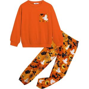 Arshiner Girls 2 Piece Outfits Casual Clothing Sets Long Sleeve Pullover Sweatshirts and Sweatpants with Pockets 5-13 Years(Orange&print)