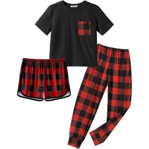 Arshiner Girls Clothes 3 Piece Outfits Short Sleeve Shirt Dolphin Shorts and Pant Sets Fashion Clothing with Pockets(Black Red Plaid)