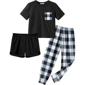 Arshiner Girls Clothes 3 Piece Outfits Short Sleeve Shirt Dolphin Shorts and Pant Sets Fashion Clothing with Pockets(Black White Plaid)