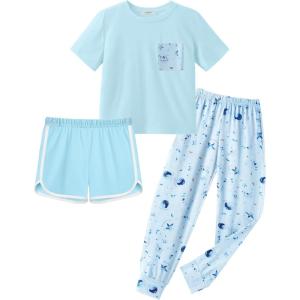 Arshiner Girls Clothes 3 Piece Outfits Short Sleeve Shirt Dolphin Shorts and Pant Sets Fashion Clothing with Pockets(Blue)
