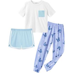 Arshiner Girls Clothes 3 Piece Outfits Short Sleeve Shirt Dolphin Shorts and Pant Sets Fashion Clothing with Pockets(Blue White-butterfly)